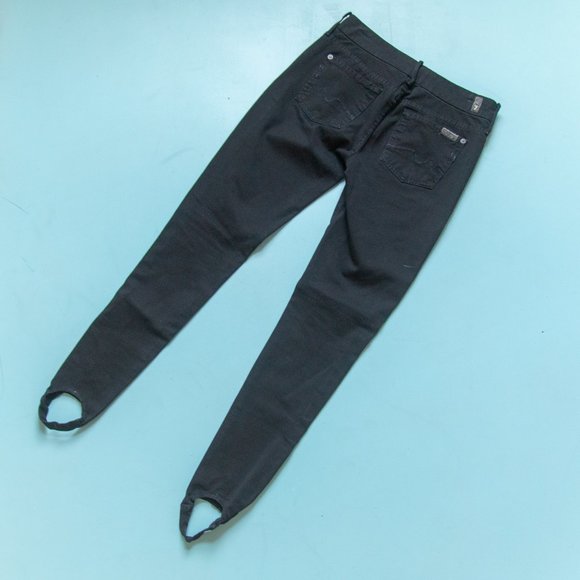 7 For All Mankind Solid Black Stirrup Foot Mid Rise Waist Skinny Jeans Size 26 - Picture 7 of 8
